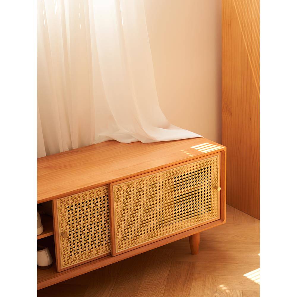 需定制日式实木入户藤编鞋柜家用门口可坐式换鞋凳简约矮鞋柜穿鞋