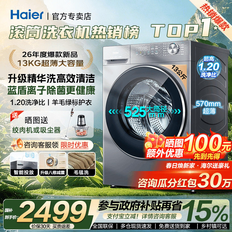 【26年新款】海尔小红花滚筒洗衣机变频11/13KG大容量全自动58E1