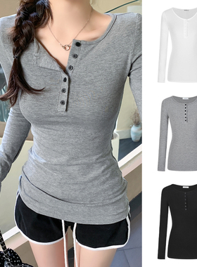 MosesQueen魔西女王灰色半开领长袖t恤女修身显瘦内搭打底衫上衣
