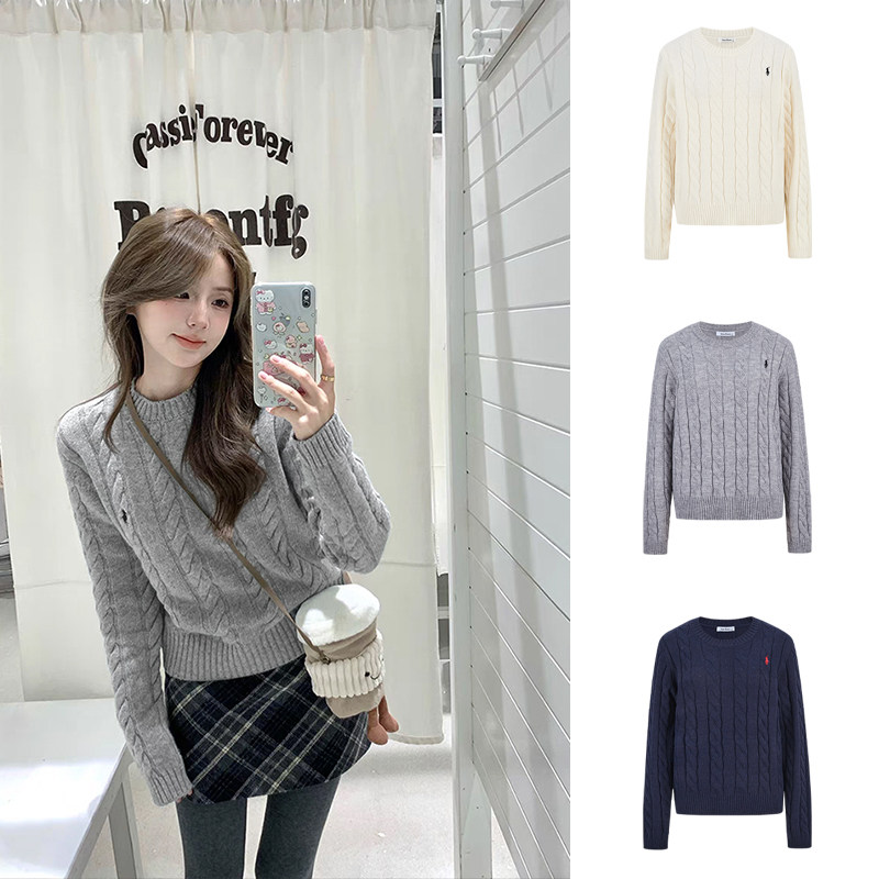 MosesQueen魔西女王灰色麻花毛衣女秋冬内搭宽松圆领长袖针织上衣