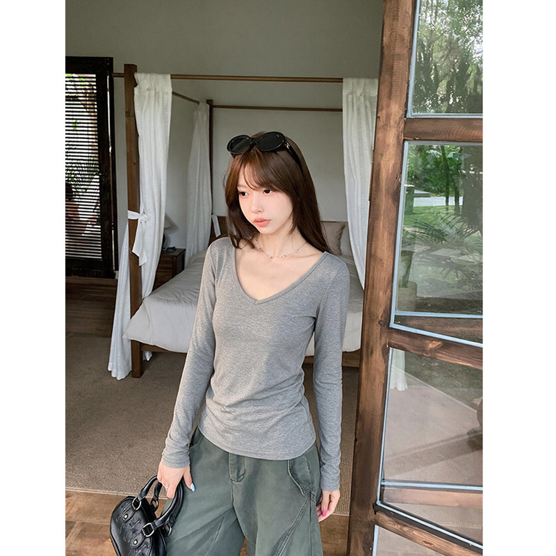 MosesQueen魔西女王灰色v领内搭打底衫春秋冬修身百搭长袖t恤上衣