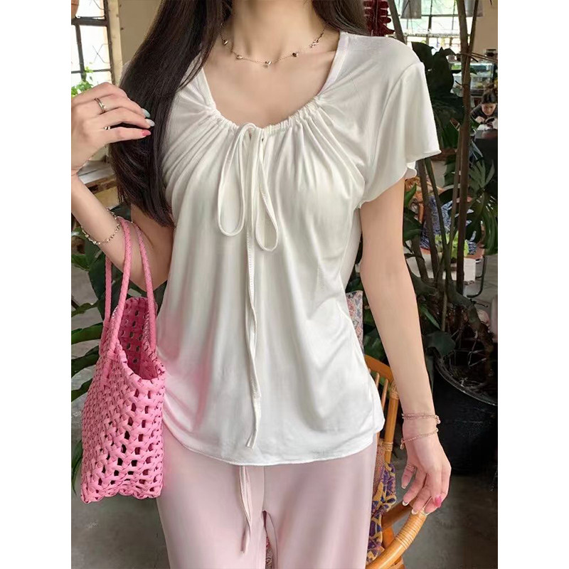 MosesQueen魔西女王褶皱系带U领短袖t恤夏季薄款宽松休闲收腰上衣