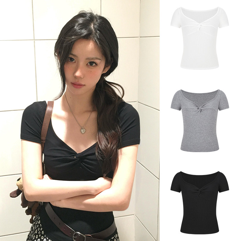 MosesQueen魔西女王黑色扭结v领正肩短袖t恤女夏季短款一字肩上衣