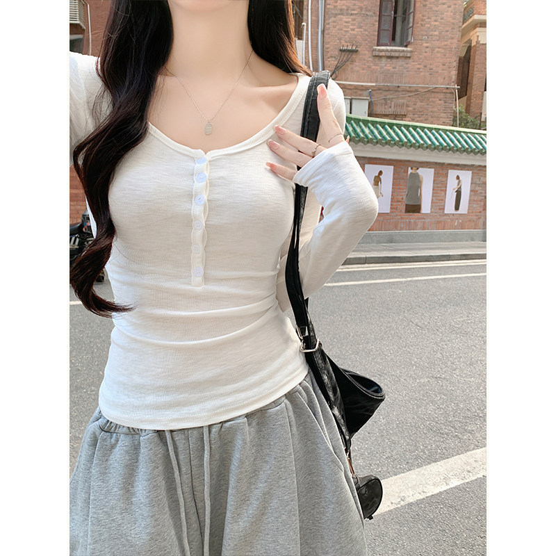 MosesQueen魔西女王白色半开领打底衫春秋冬内搭长袖t恤修身上衣
