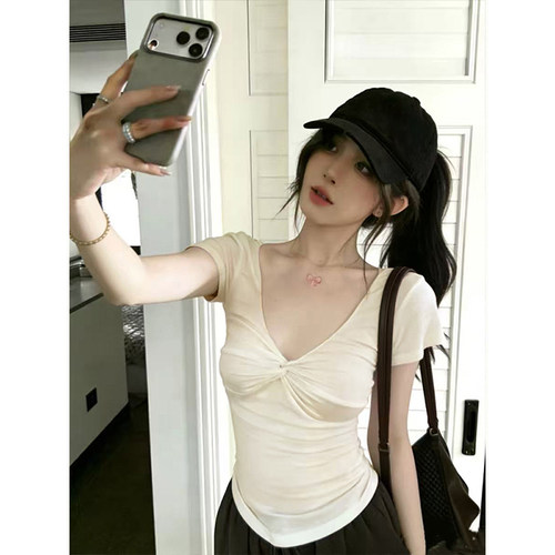 莱赛尔褶皱扭结v领短袖t恤女修身