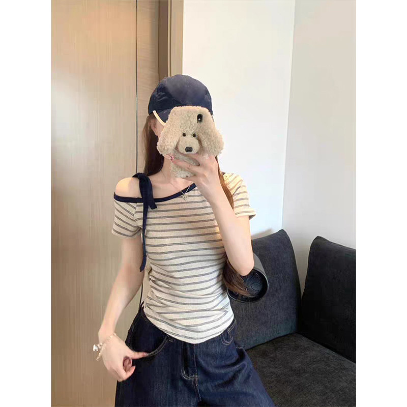 MosesQueen魔西女王条纹斜肩短袖t恤设计感系带修身显瘦露肩上衣