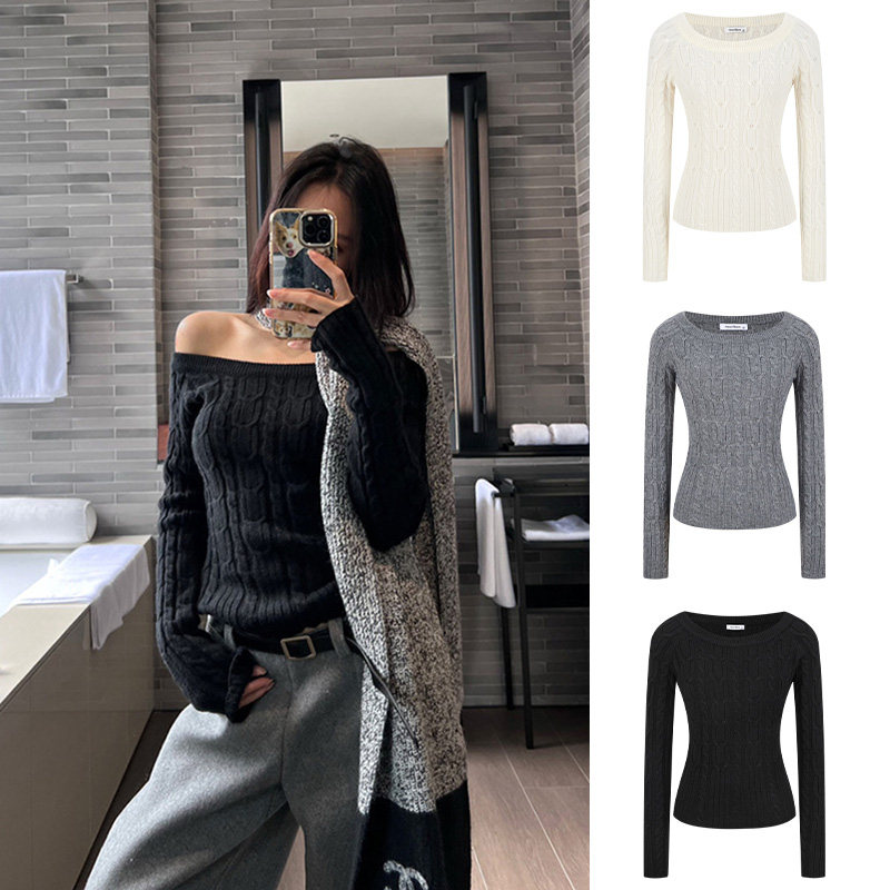 MosesQueen魔西女王黑色一字肩麻花毛衣秋冬内搭修身露肩针织上衣
