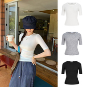 t恤中袖 修身 内搭半袖 MosesQueen魔西女王白色正肩短袖 打底衫 上衣