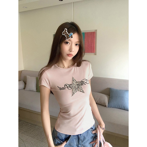 豹纹星星印花短袖t恤刺绣上衣女
