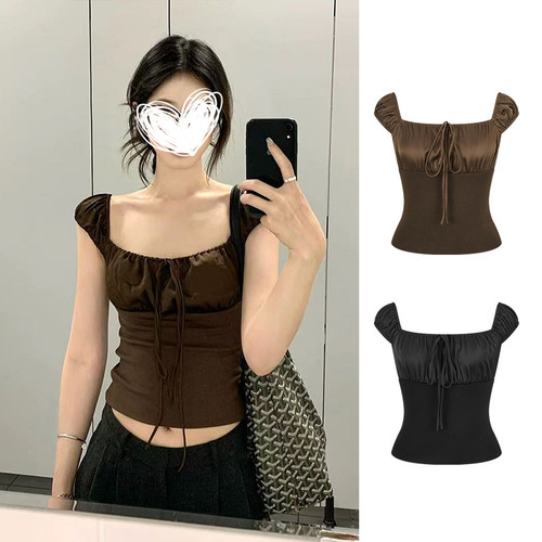 咖色方领短袖t恤系带短款上衣女
