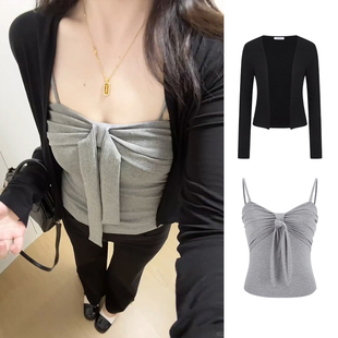 MosesQueen魔西女王蝴蝶结吊带背心女内搭上衣外穿披肩开衫 两件套