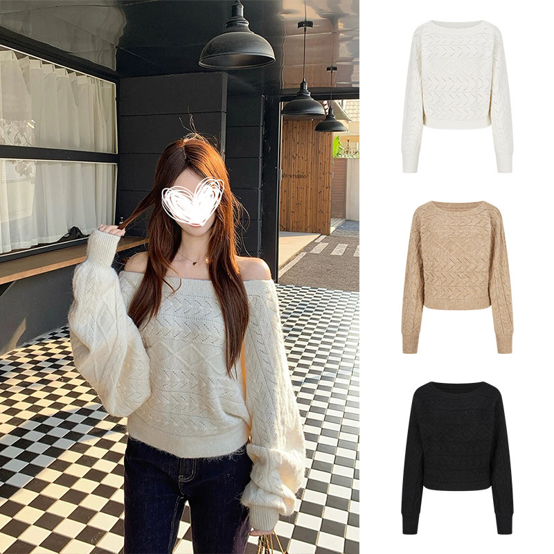 MosesQueen魔西女王白色麻花一字肩毛衣女宽松露肩蝙蝠袖针织上衣