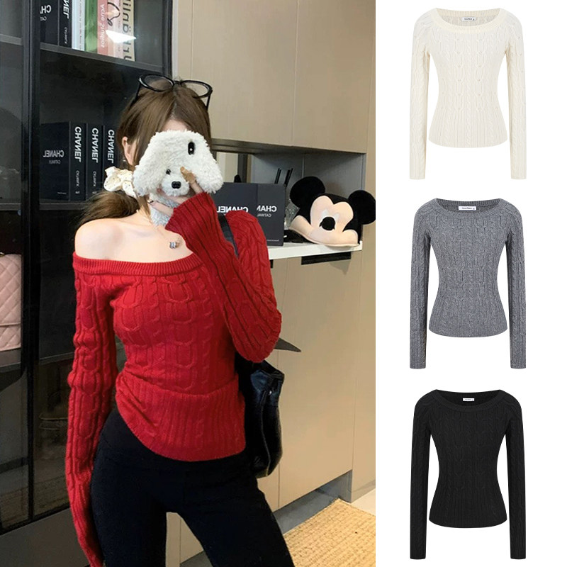 MosesQueen魔西女王红色露肩麻花毛衣内搭打底长袖一字肩针织上衣