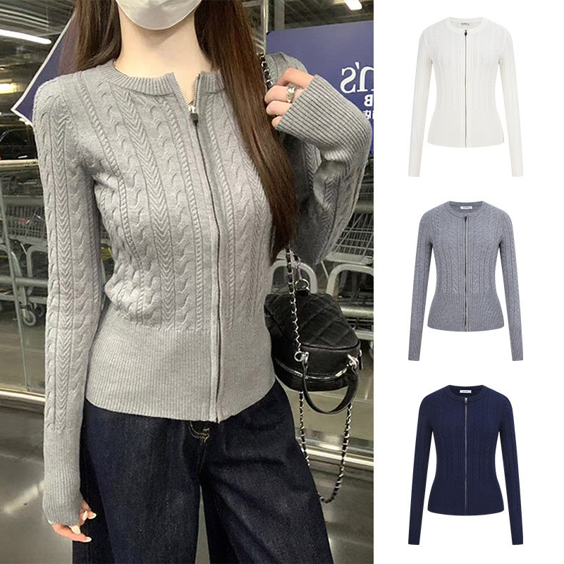 MosesQueen魔西女王灰色麻花毛衣外套女软糯修身长袖针织开衫上衣