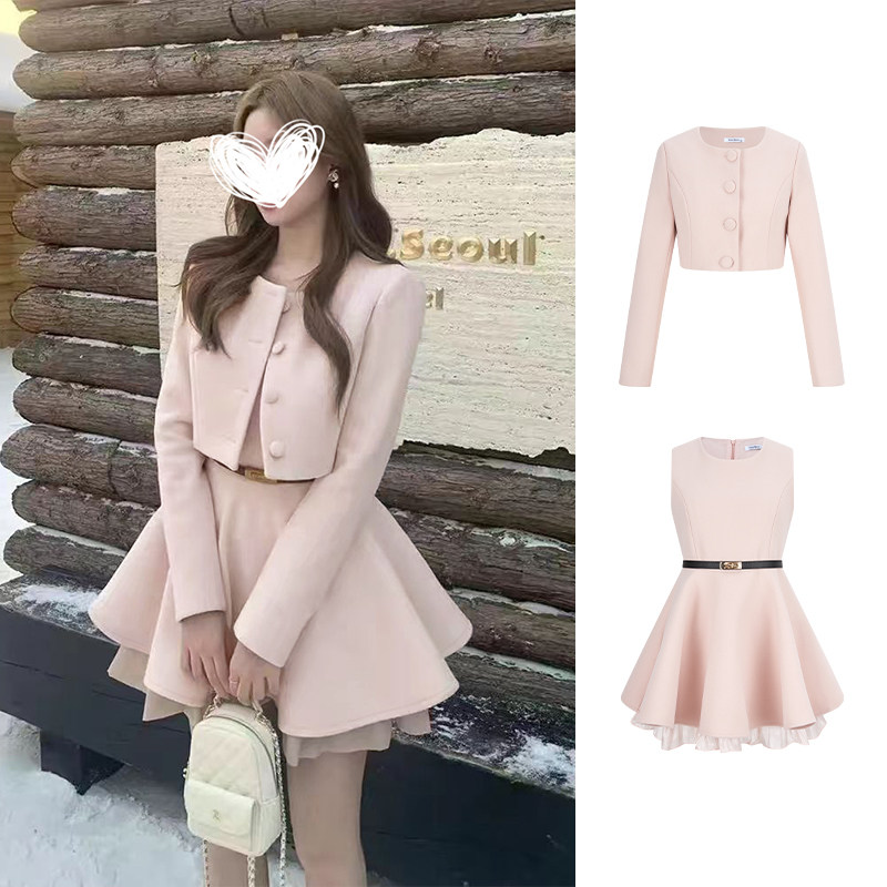 MosesQueen魔西女王粉色毛呢短款外套小香风修身连衣裙短裙两件套,女装/女士精品,时尚套装,淘宝优惠券,粉丝福利购,淘宝优惠卷