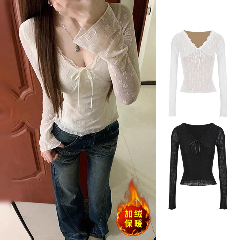 MosesQueen魔西女王加绒加厚蕾丝v领打底衫秋冬内搭修身长袖上衣