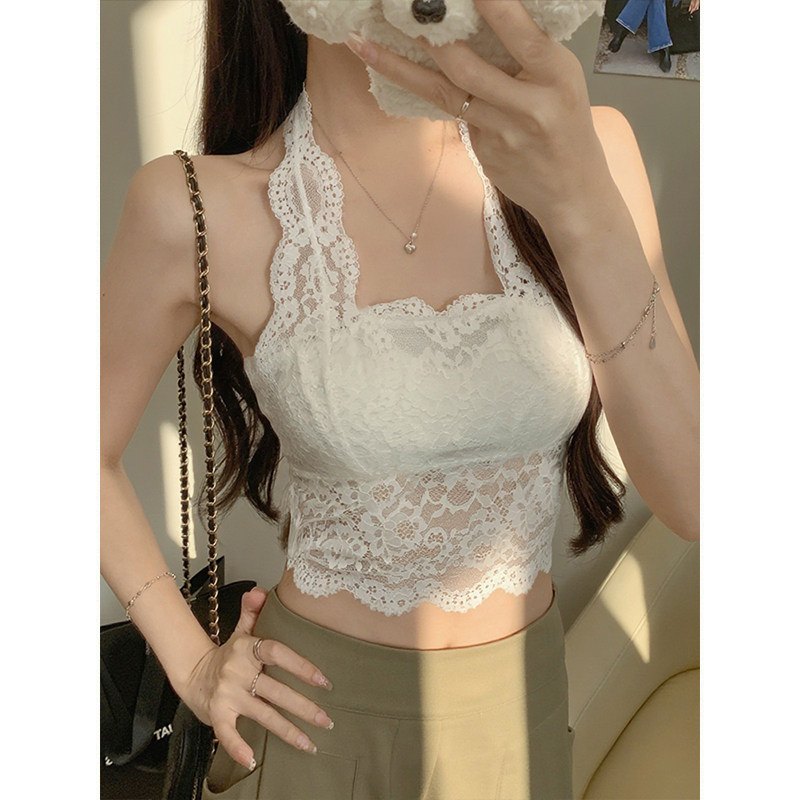MosesQueen魔西女王白色蕾丝挂脖带胸垫吊带背心内搭外穿美背上衣