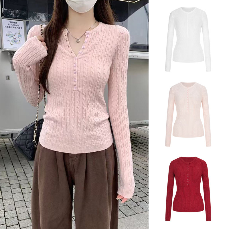 MosesQueen魔西女王粉色麻花毛衣女内搭收腰显瘦半开领针织衫上衣