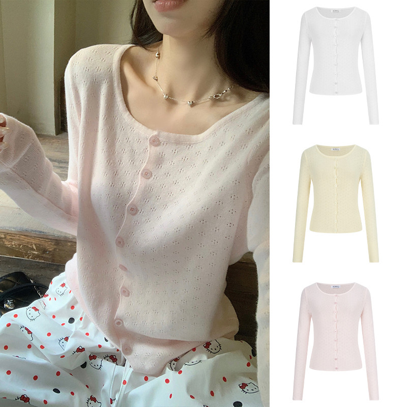 MosesQueen魔西女王粉色纯棉缕空针织开衫女春季薄款长袖外套上衣