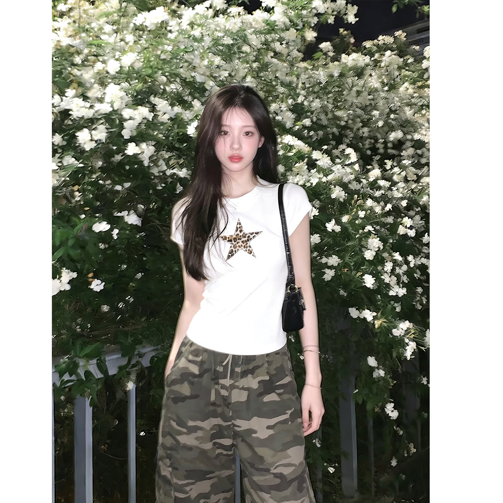 MosesQueen魔西女王白色豹纹星星印花正肩短袖t恤修身显瘦上衣夏