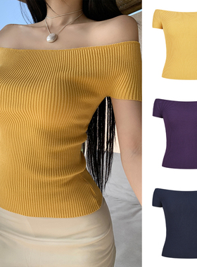 MosesQueen魔西女王黄色针织一字肩短袖t恤女夏纯欲辣妹露肩上衣