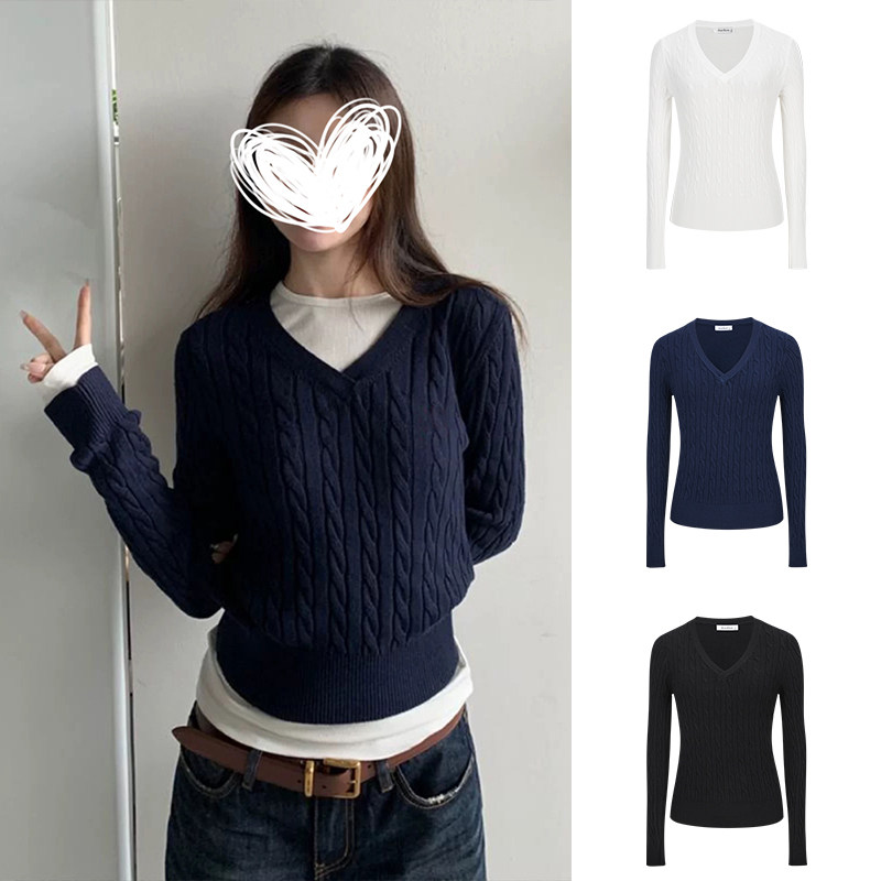 MosesQueen魔西女王麻花v领毛衣女秋冬内搭打底衫修身针织衫上衣