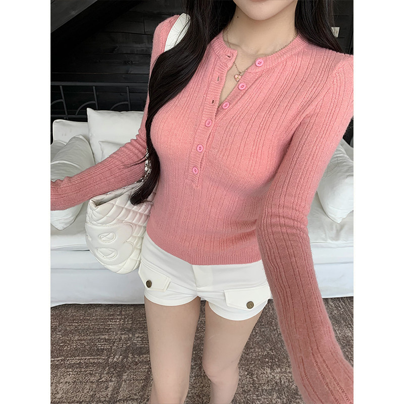 MosesQueen魔西女王粉色亨利领针织打底衫女秋冬内搭毛衣长袖上衣