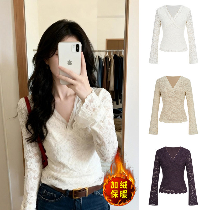 MosesQueen魔西女王加绒加厚蕾丝打底衫秋冬季内搭喇叭袖v领上衣,女装/女士精品,蕾丝衫/雪纺衫,淘宝优惠券,粉丝福利购,淘宝优惠卷