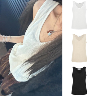 MosesQueen魔西女王白色棉麻吊带背心女夏季 外穿v领内搭打底上衣