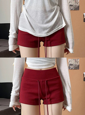 MosesQueen魔西女王美式红色运动短裤女夏季外穿高腰a字休闲热裤