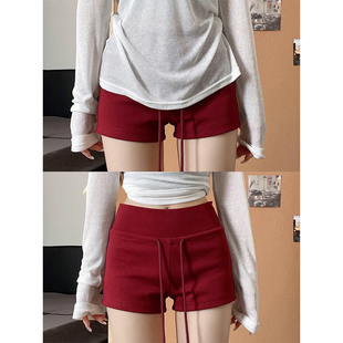 外穿高腰a字休闲热裤 女夏季 红色运动短裤 MosesQueen魔西女王美式