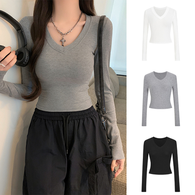 露锁骨v领短款t恤女内搭打底上衣