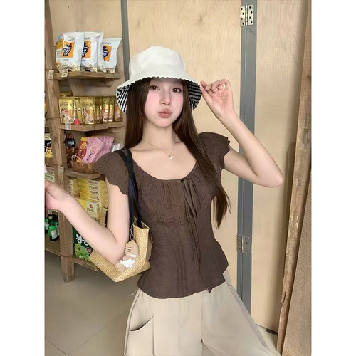 荷叶边短袖衬衫女收腰小飞袖上衣