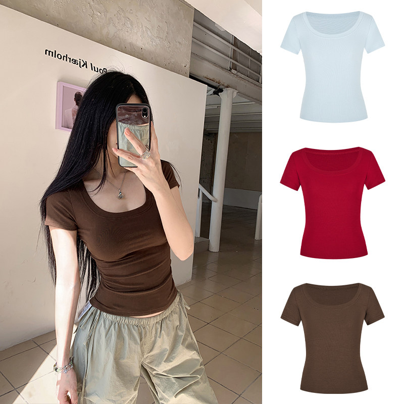 MosesQueen魔西女王咖色大u领正肩短袖t恤女夏季修身显瘦短款上衣