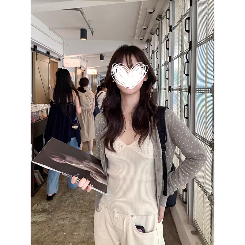 MosesQueen魔西女王灰色波点针织开衫秋短款毛衣外套宽松长袖上衣