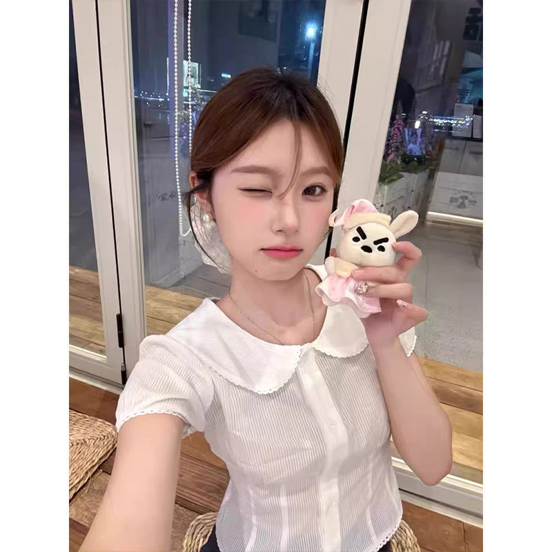 MosesQueen魔西女王白色娃娃领泡泡短袖衬衫收腰修身短款纯棉上衣