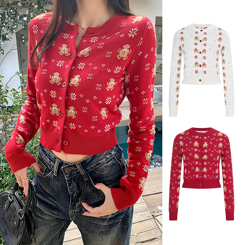 MosesQueen魔西女王红色碎花针织开衫女短款毛衣外套修身长袖上衣