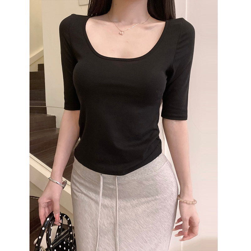 MosesQueen魔西女王莱赛尔U领正肩短袖t恤五分袖中袖修身半袖上衣