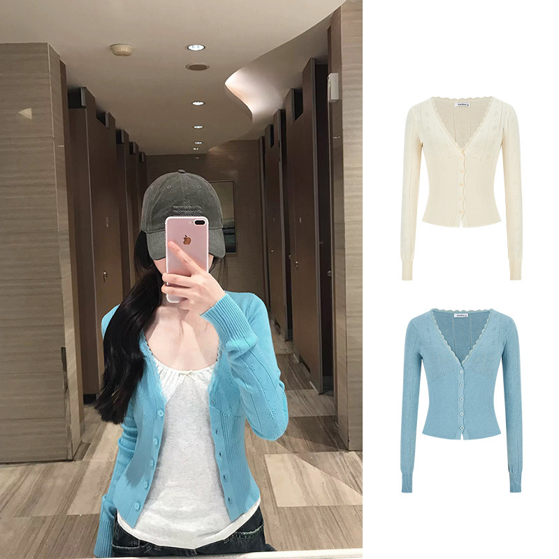 MosesQueen魔西女王蓝色缕空针织开衫女春秋外搭v领长袖外套上衣