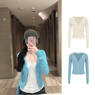 MosesQueen魔西女王蓝色缕空针织开衫女春秋外搭v领长袖外套上衣