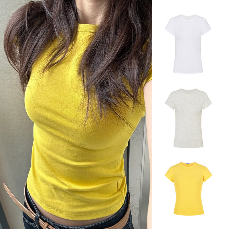 MosesQueen魔西女王黄色正肩短袖t恤女夏季新款修身显瘦圆领上衣