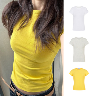 修身 新款 显瘦圆领上衣 t恤女夏季 MosesQueen魔西女王黄色正肩短袖