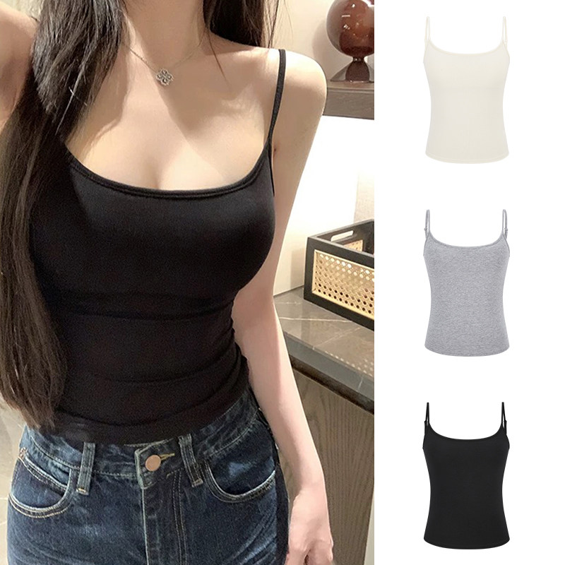 MosesQueen魔西女王黑色带胸垫吊带背心外穿修身显瘦内搭打底上衣