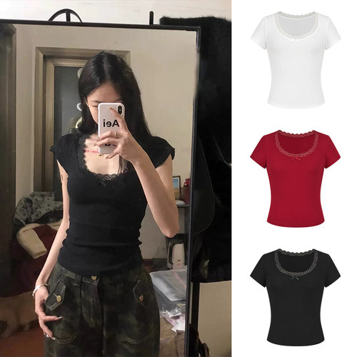 蕾丝花边短袖t恤小飞袖短款上衣