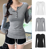 MosesQueen魔西女王灰色半开领打底衫 女内搭收腰显瘦长袖 t恤上衣