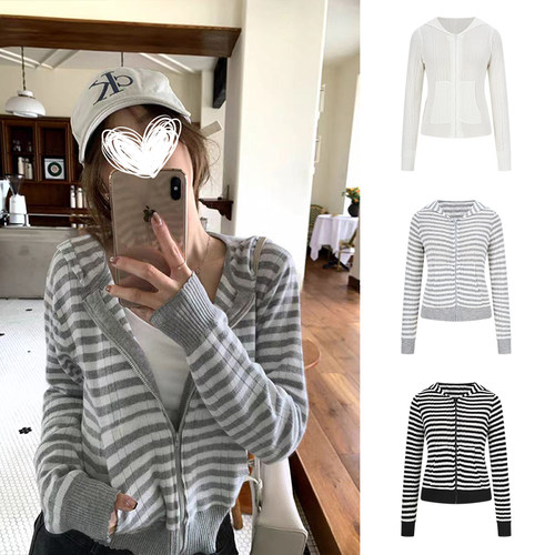 条纹连帽针织开衫毛衣外套上衣服