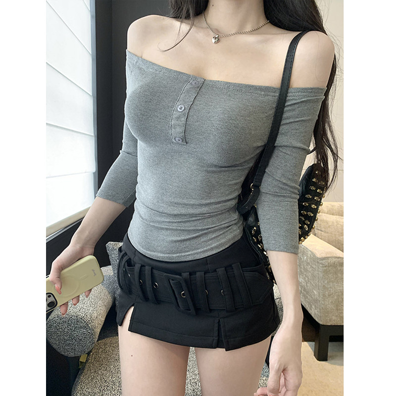 MosesQueen魔西女王纯欲一字肩七分袖t恤内搭打底衫修身露肩上衣