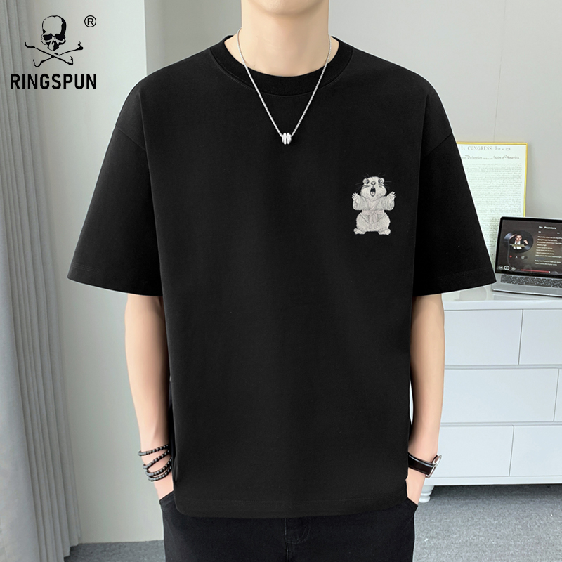 2025夏季短袖T恤男装宽松刺绣圆领纯棉半袖青年上衣潮t男女同款