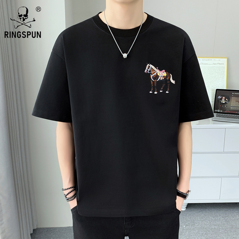 25夏季潮流短袖T恤男装宽松刺绣圆领纯棉半袖青年上衣潮t男女同款