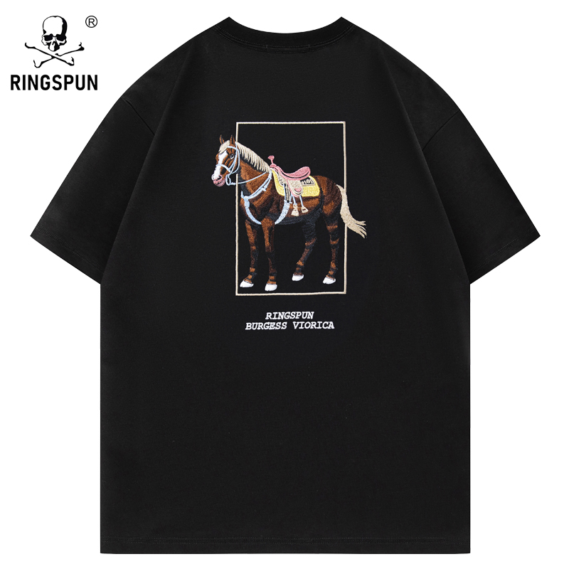 【骏马】新款纯棉短袖t恤男潮牌男装重工刺绣半袖体恤休闲T恤衫男